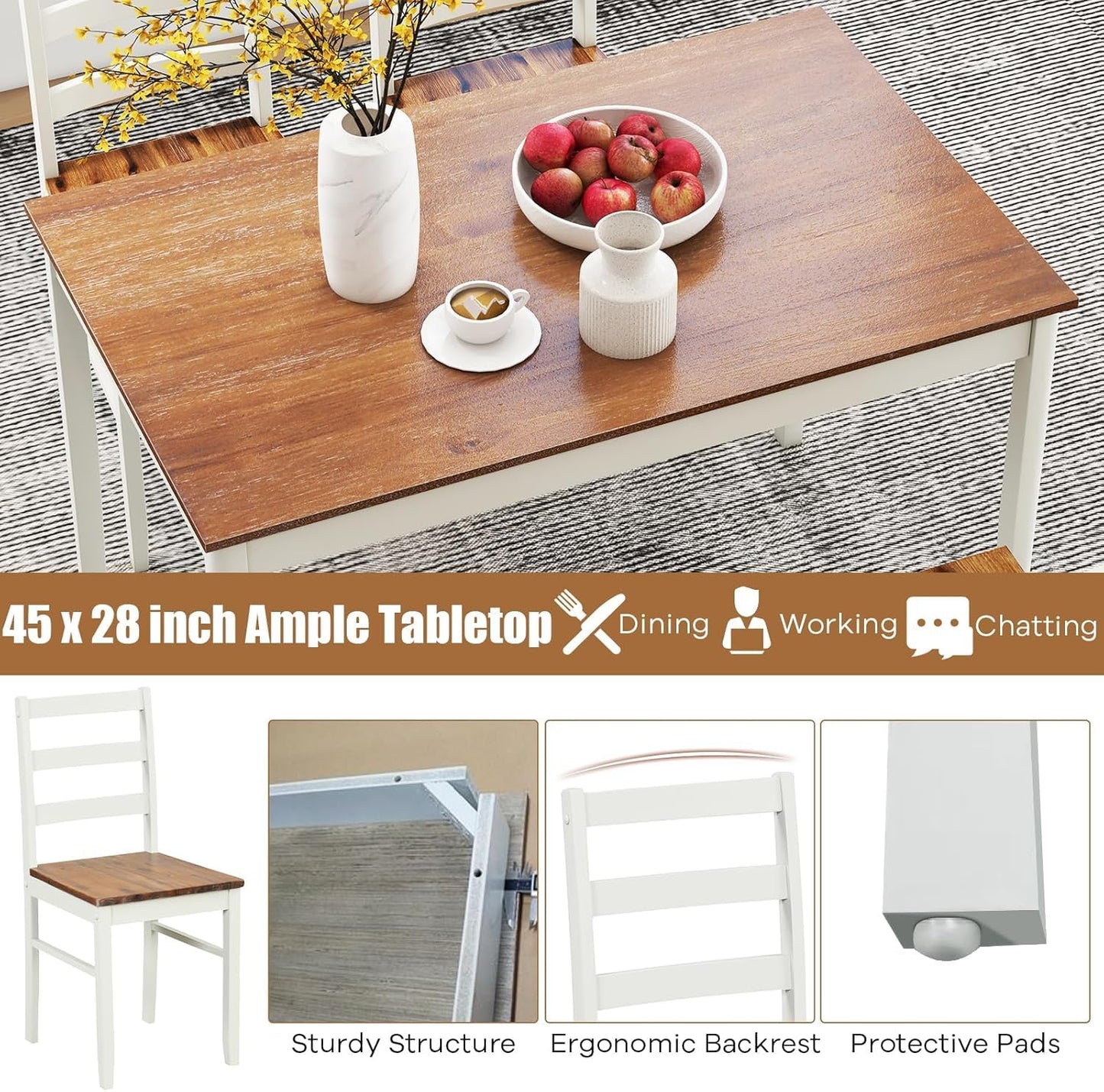 NAFORT Dining Table Set for 4, Solid Wood Kitchen Table and Chairs, Farmhouse Dinette Set w/Apron, Rubber Wood Legs, Mid-Century Modern Dining Room Table and 4 Chairs for Kitchen, Restaurant
