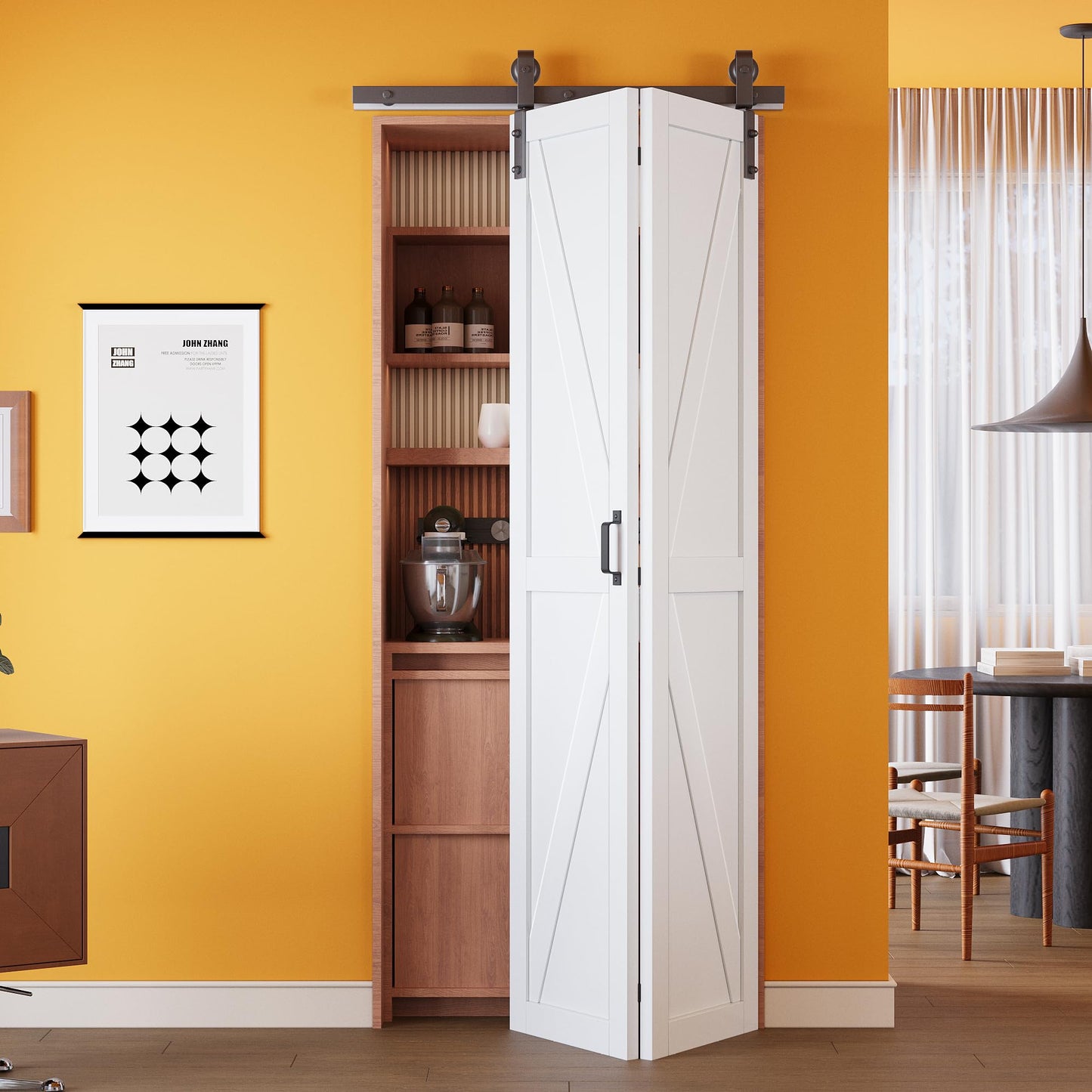 Bifold Barn Door - Pre-Assembled Panels with Sliding Hardware Kit Set, Solid Core Bifold Sliding Barn Doors, Water-Resistant Pre-Finished Bi Fold Barn Door, Easy Assembly, K-Shape, 32" x 84"