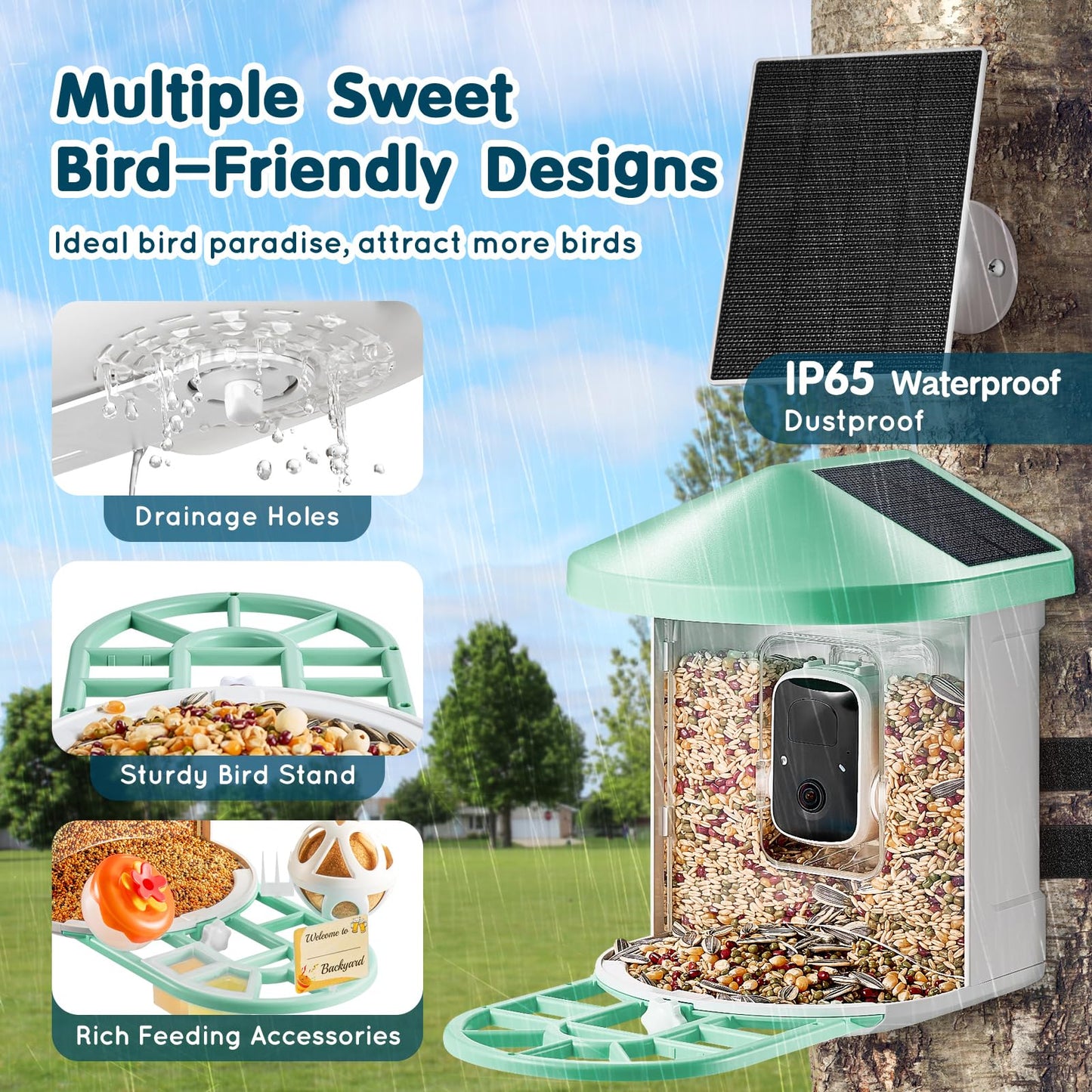 Happybuy Smart Bird Feeder with Camera,2K HD AI Identify 10000+ Bird Species,Solar-Powered Bird Watching Camera with Auto Capture & Instant Notify,Wireless Outdoor Gift for Bird Lover (3 Solar Panels)