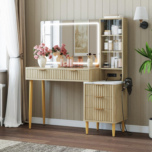 GarveeHome Makeup Vanity Desk with Lights, Fluted Wooden Dressing Table with 5 Drawers and Adjustable Shelves, Makeup Vanity Table Modern Glass Top with Charging Station for Bedroom (Oak)