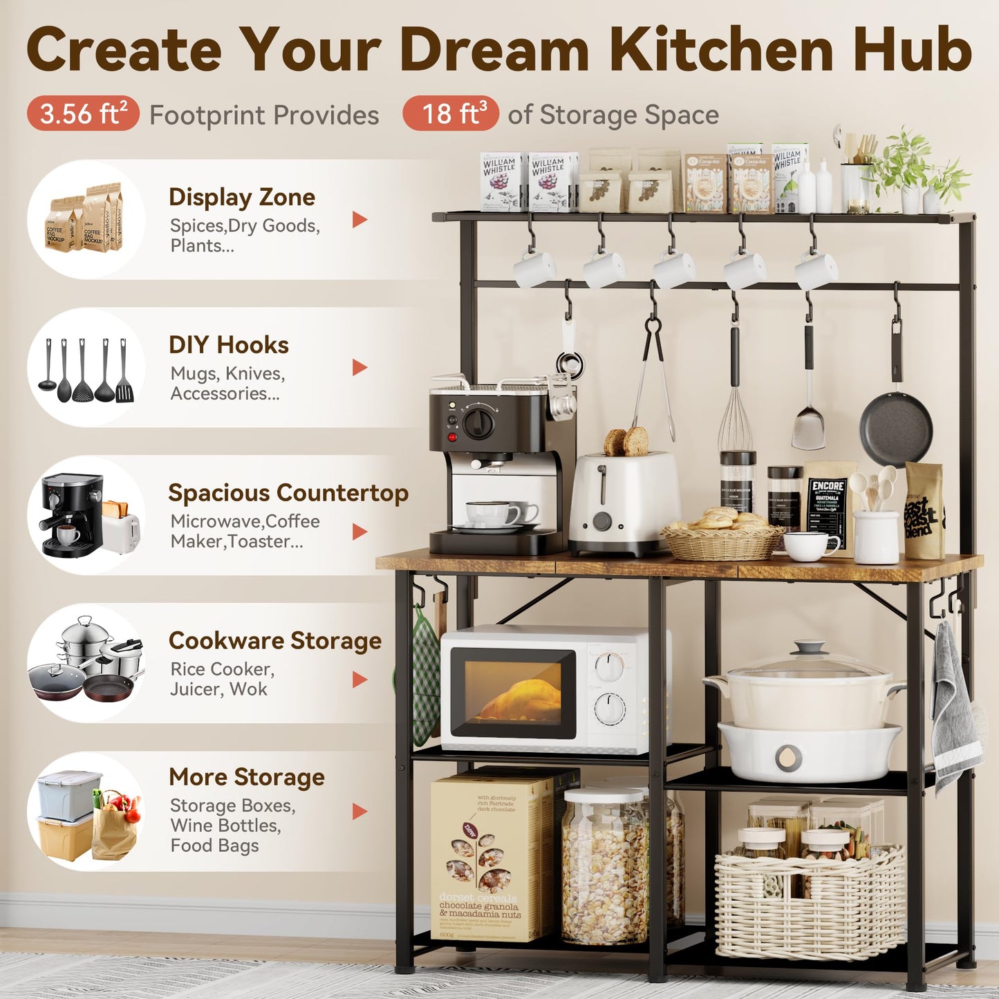 YASONIC Coffee Bar, Bakers Rack with Storage, 34.3 Inches Microwave Stand, 4 Tier Kitchen Shelves Appliance Storage, 14 S Hooks Large Coffee Station for Spices, Pots and Pans, Rustic Brown