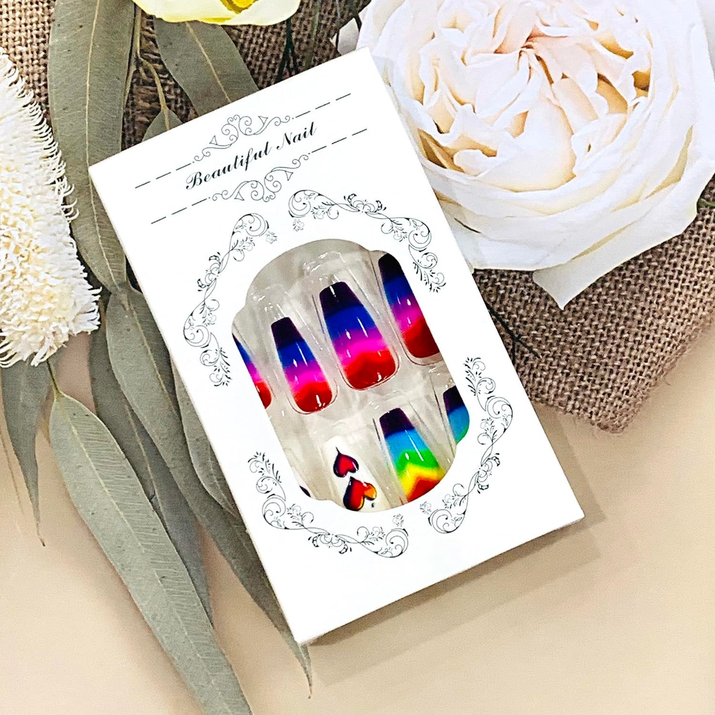 FIEONCIY Press on Nails Square Shaped Glossy Full Cover Acrylic Medium Length Square False Nails with Designs Artificial Short Coffin Fake Nails with Charms Glue ons Fingernails for Women Girls(Y477)