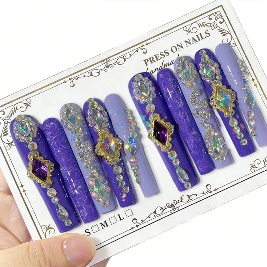 10 Pcs Extra Long Handmade Press on Nails Square Fake Nails with 3D Rhinestones Charms Design Purple Acrylic False Nails Wedding Party Long Press Ons Nails Square for Women - M Size