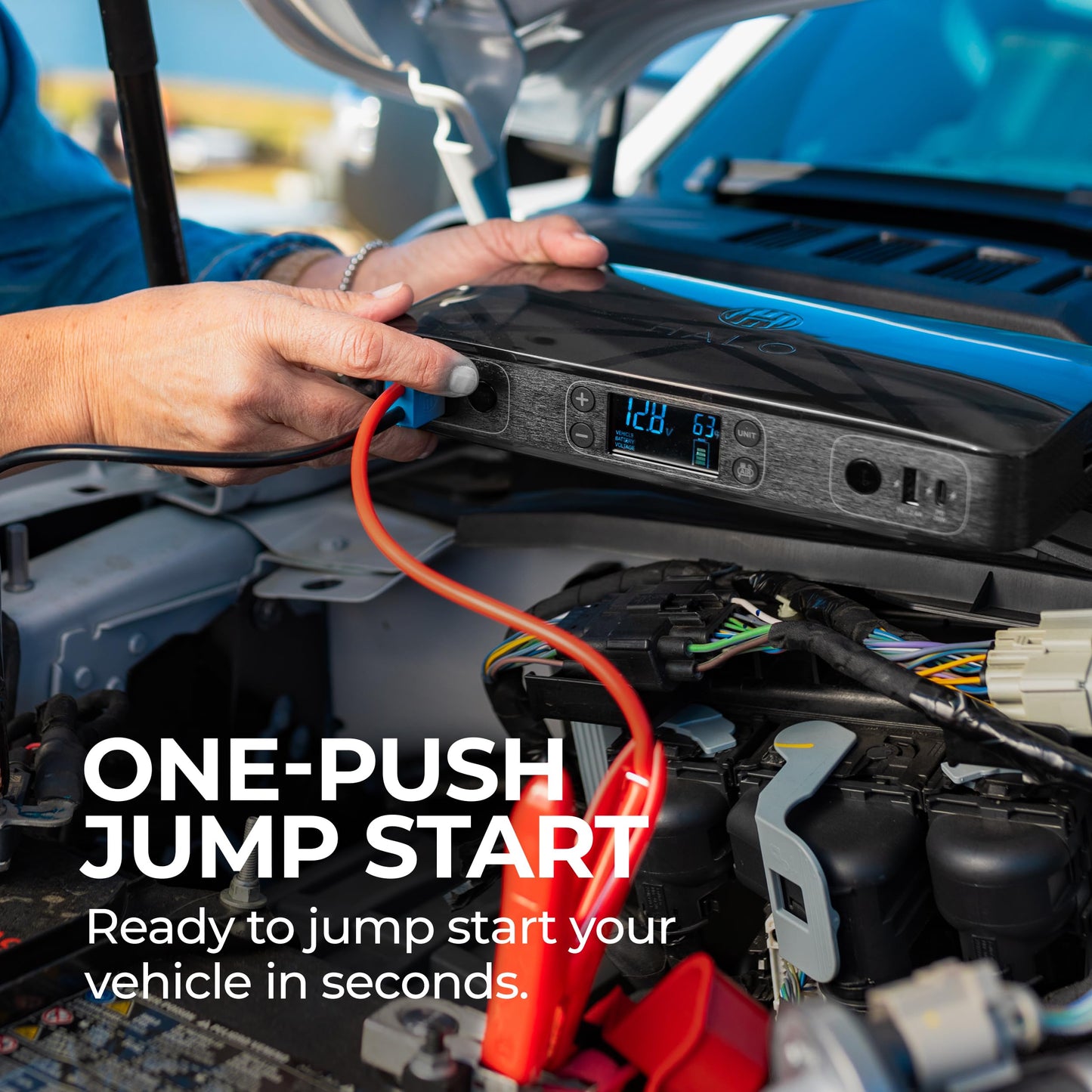 HALO Bolt Ultimate 2 Portable Car Battery Jump Starter | 130 PSI Air Compressor, 55.5Wh USB Power Bank with AC Outlet, Emergency Floodlight & Charger, Jumps Cars SUVs & Trucks, Inflates Tires — Black