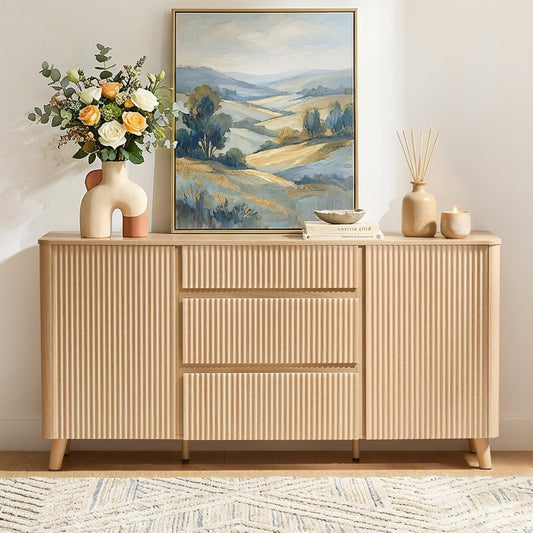 CHITA 62" Sideboard Buffet Cabinet with Storage, Fluted Cabinet with Drawers, Natural Oak