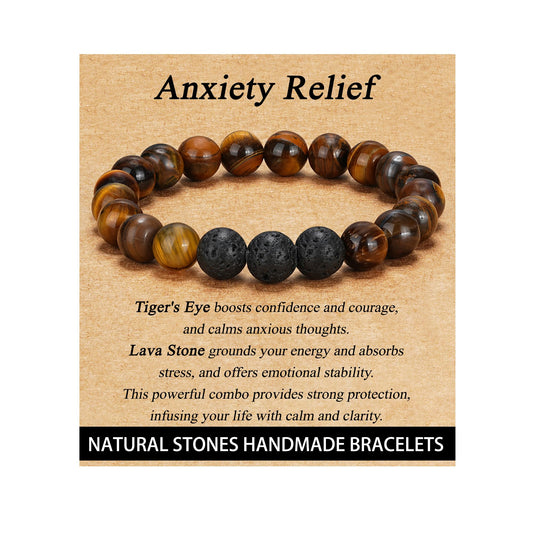 HEYOLL Tiger Eye Bracelet Men Natural Stones Handmade Bracelets Volcanic Rock Protection Bracelet, Anxiety Relief Items Brithday Gifts for Men Anxiety Beaded Bracelets