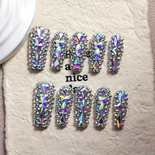 Luxury Handmade Press on Nails Long Coffin Fake Nails Rhinestone Crystal Full Cover False Nails with Glue with Designs Sparkly Long Acrylic Nail Reusable Stick on Nail for Women 10Pcs(Size M)