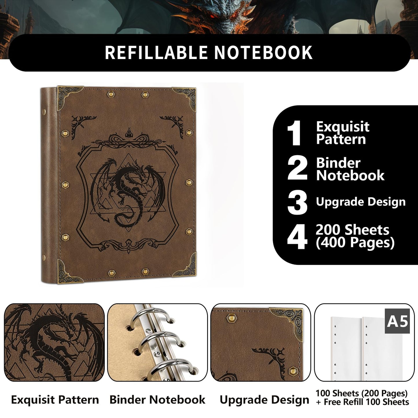 DUROTAN DND Notebook Journal Refillable Binder A5 400 Pages for Dungeons and Dragons Accessories D&D Gifts,Writing Notebook Gift for Men&Women