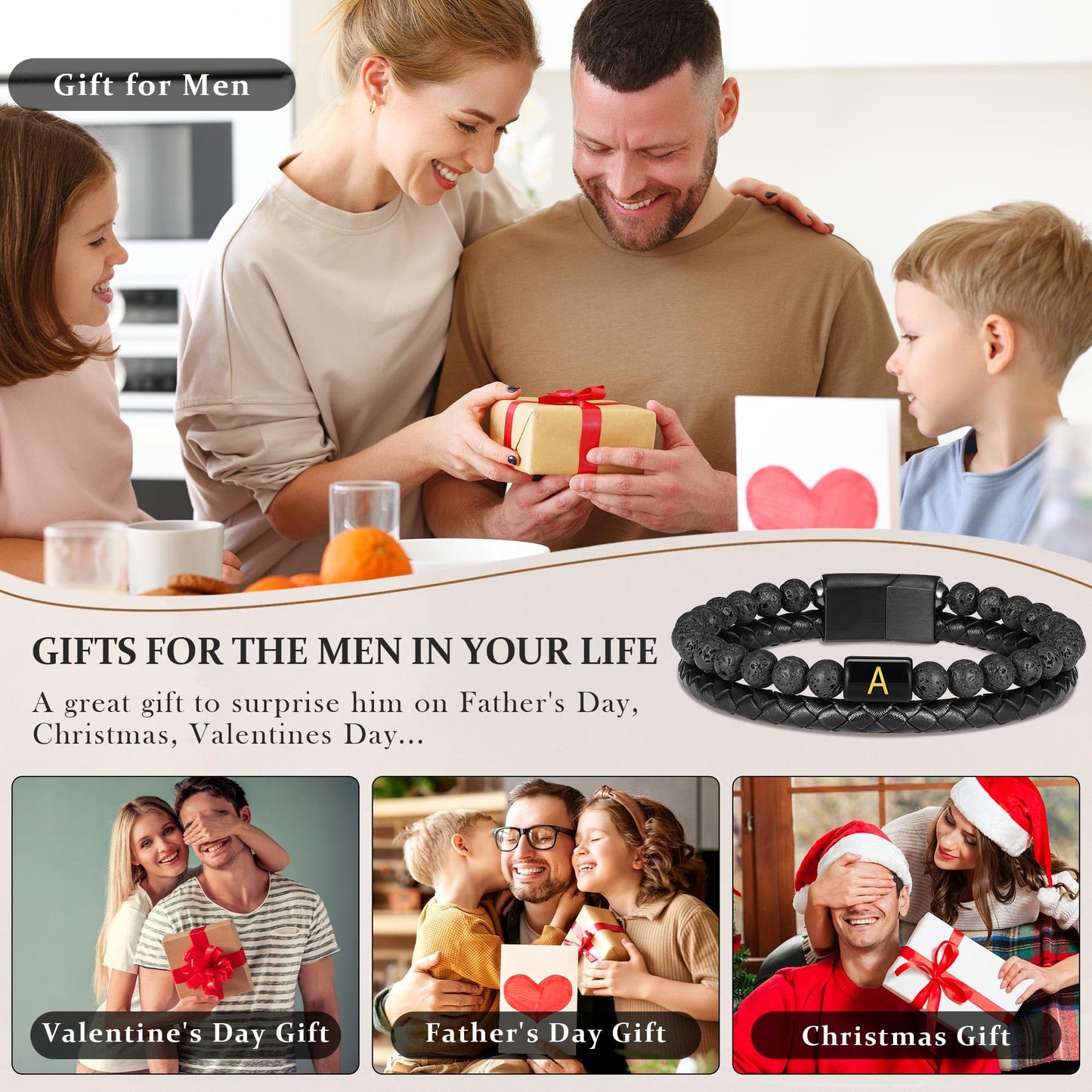 Leather Bracelets for Men with Initial - Men Gifts Lava Rock Bead Magnetic Clasp Gift for Husband Black Mens Leather Bracelets Men's Initial C Bracelet for Men's Jewelry Mens Gifts for Dad Husband