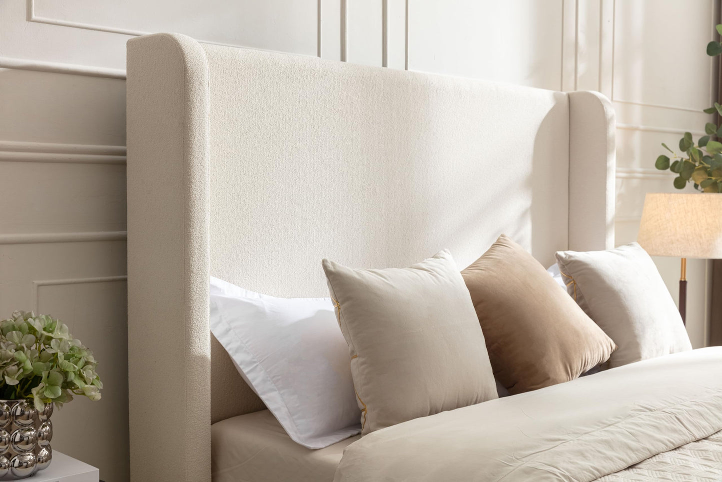 GDFStudio Tall Headboard Upholstered Bed,Queen Size Platform Bed Frame with Headboard Wingback,54" High No Box Spring Needed Easy Assembly Elegant Simplicity Ivory Boucle