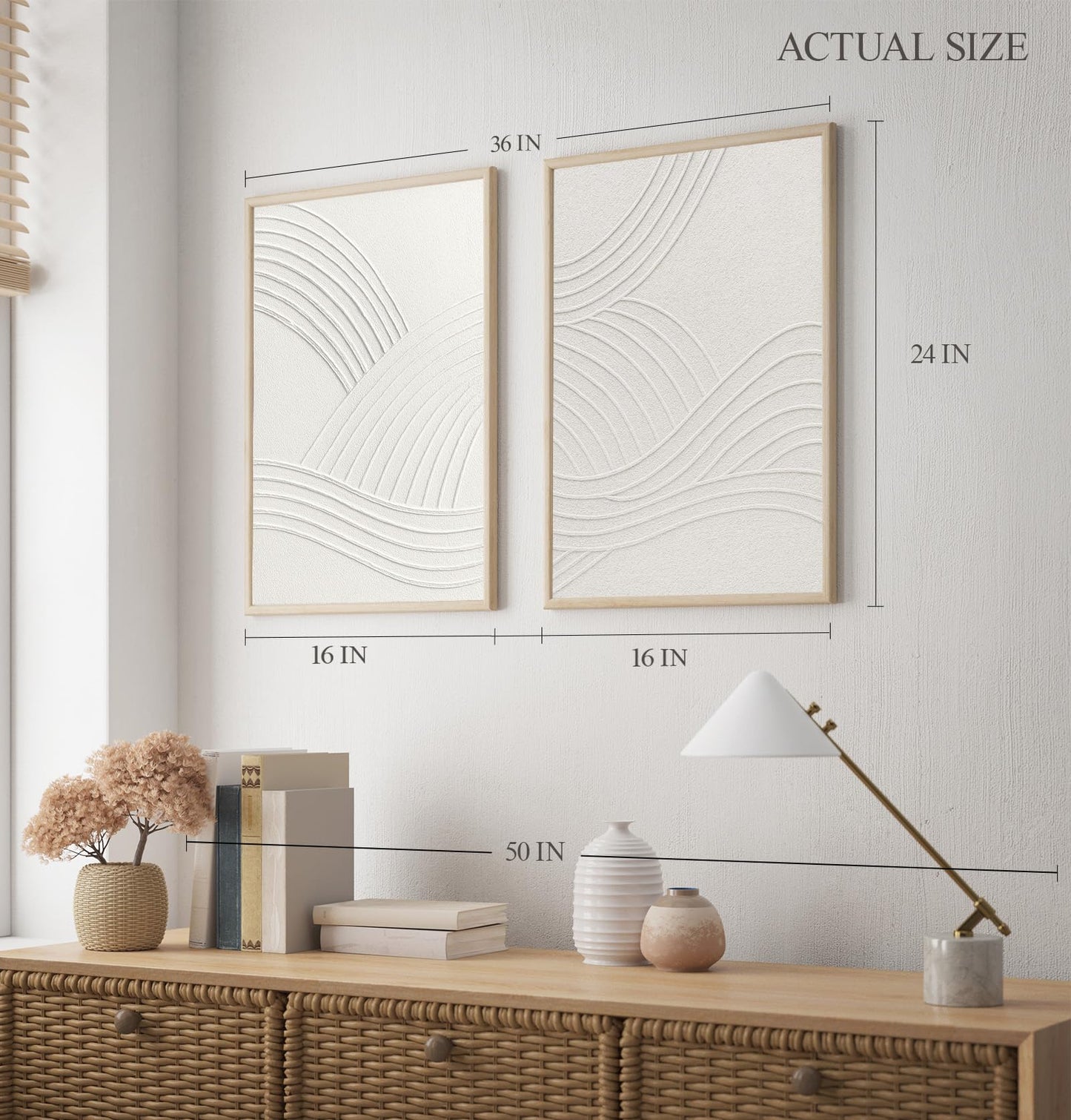 InSimSea Framed 3D Textured Wall Art, Handmade, Minimalist Abstract Wall Decor for Living Room, 2 Piece Modern White Neutral Artwork, 16x24 in, Large Wave Paintings for Hallway Office(elegance)