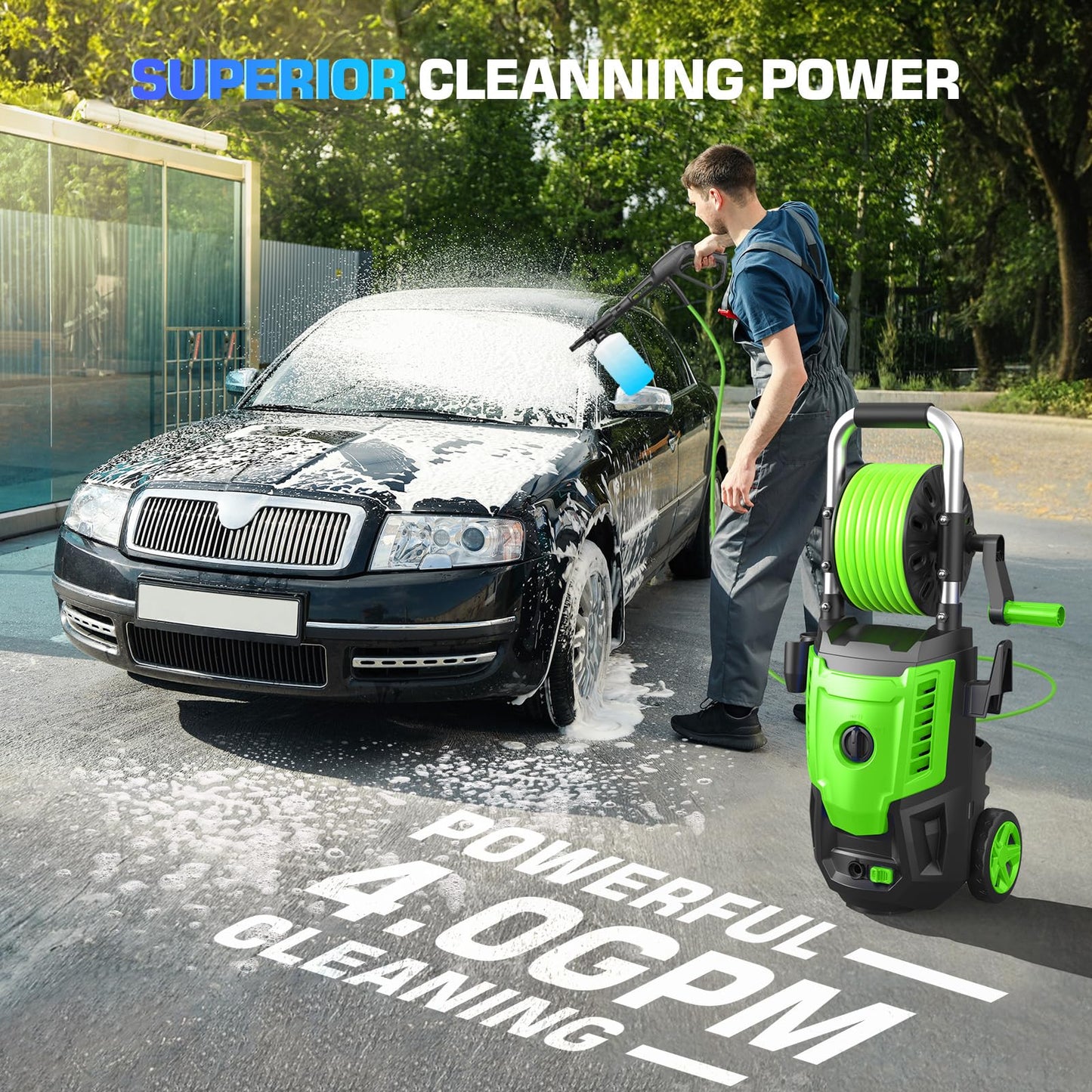 5000PSI Pressure Washer- High Power Washer with 33FT Hose, 4 Nozzles and Foam Cannon, for Home, Cars, Fences, Patio (Green)