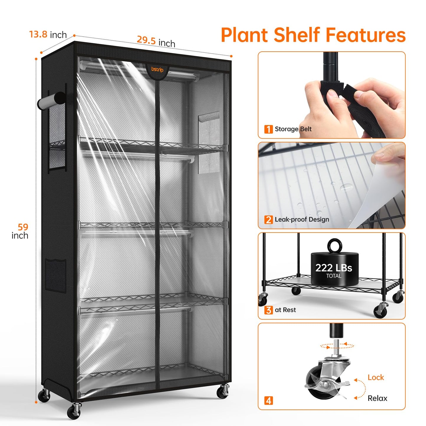 Bstrip Indoor Greenhouse with Grow Light, Plant Stand with 4 Pack 24W Full Spectrum Plant Lights, Plant Shelf with Tent for Indoor Plant, Seed Starting, Seed Tray, 29.5"x13.8"x59"