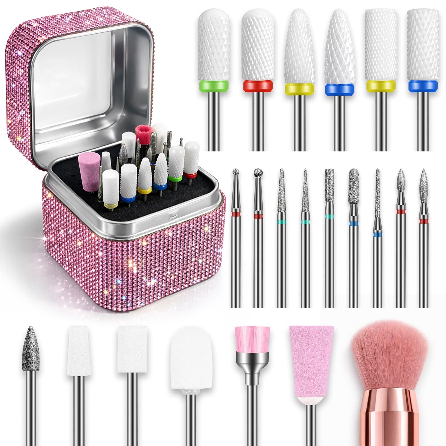 Nail Drill Bits Set Beginner-Friendly: 22pcs Safety E-File Bits with Visual Map - 3/32'' Professional Ceramic & Diamond Carbide Tool Kit for No-Pain Acrylic Gel Removal & Cuticle Prep
