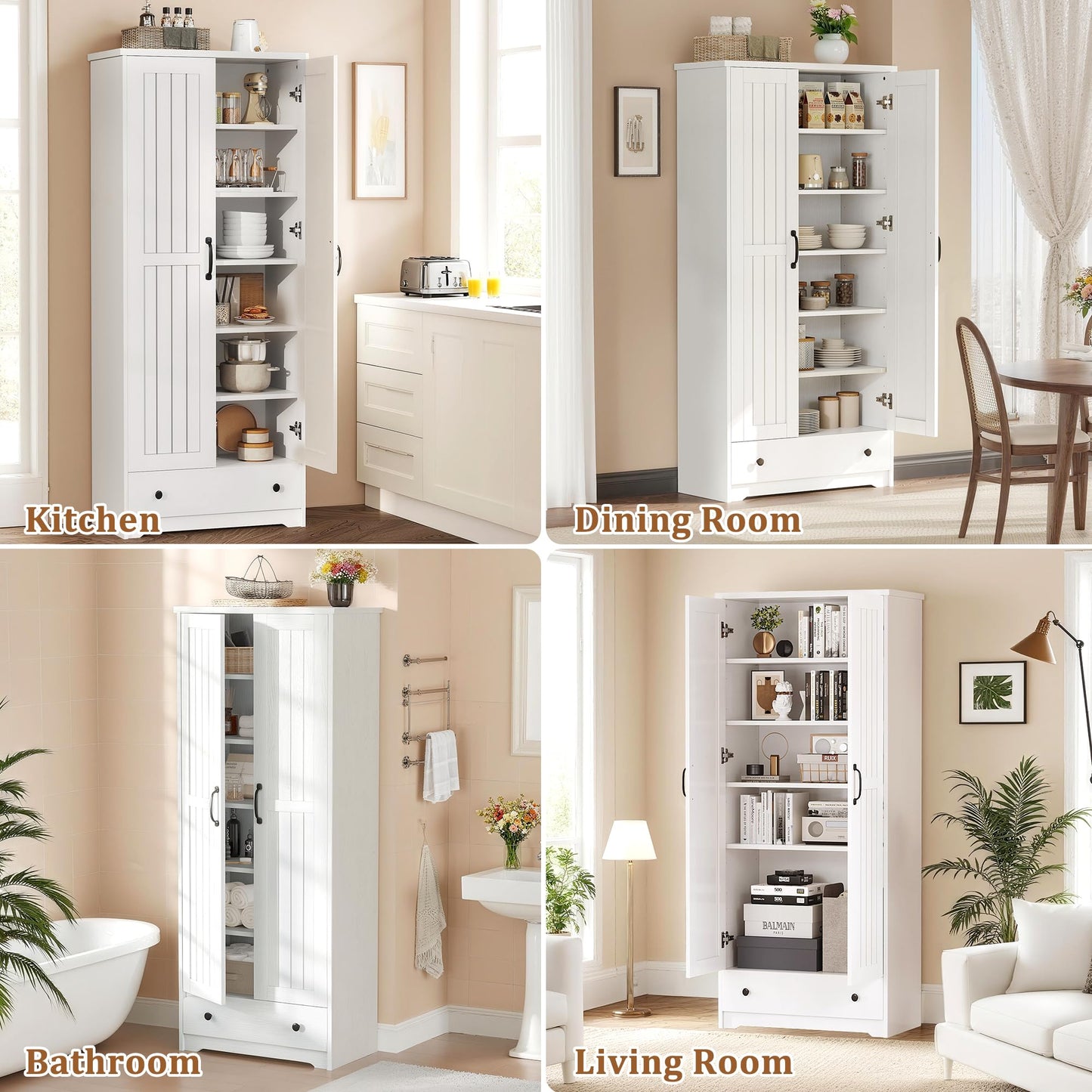 Decofy 70" Tall Storage Cabinets, Large Wood Storage Pantry Cabinet with 6 Adjustable Shelves, Drawer & 2 Striped Doors, Standing Utility Cabinet for Kitchen, Dining Room, Bathroom (White)