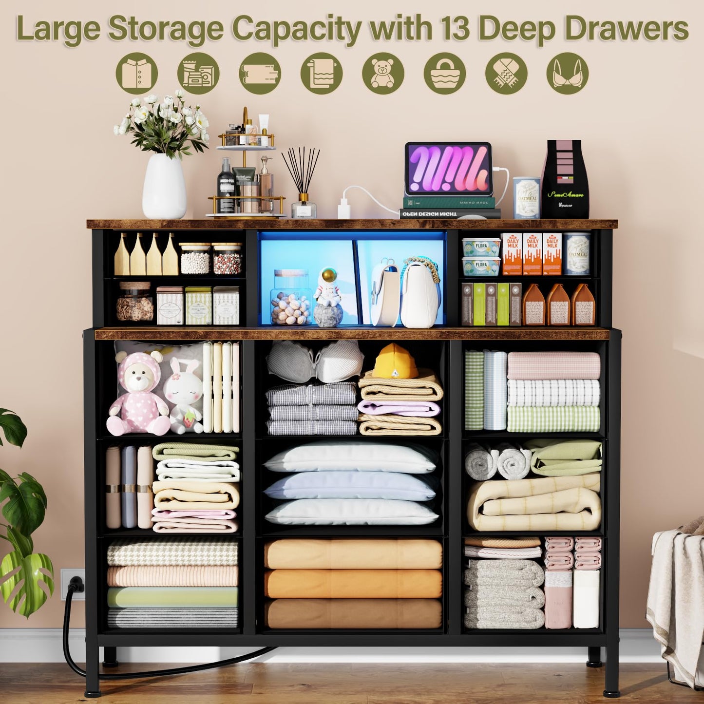 VASICAR Dresser for Bedroom with 13 Drawers 2 Open Shelves, Fabric Storage Dresser, Chest of Drawers, Pattern Organizer for Closet, Bedside, Living Room, Entryway, Hallway