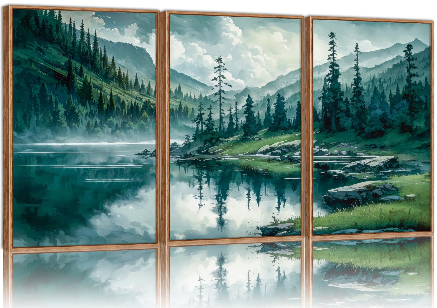 Tinonedraw Large Nature Forest Framed Canvas Wall Art Set, Boho Mountains Calming Lake Wall Decor, Green Pine Trees Artwork, Northern Wilderness Art Painting for Living Room Bedroom Office 16"x24"x3