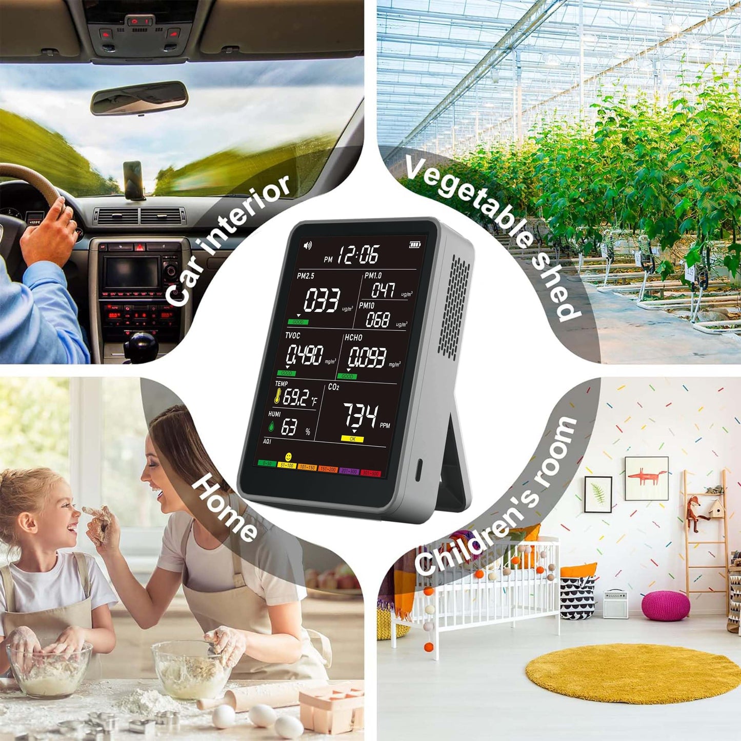 Professional Indoor Air Quality Monitor with AQI Alarms, Portable Real-Time Detector for Home Cars Plants and Pets (Grey)