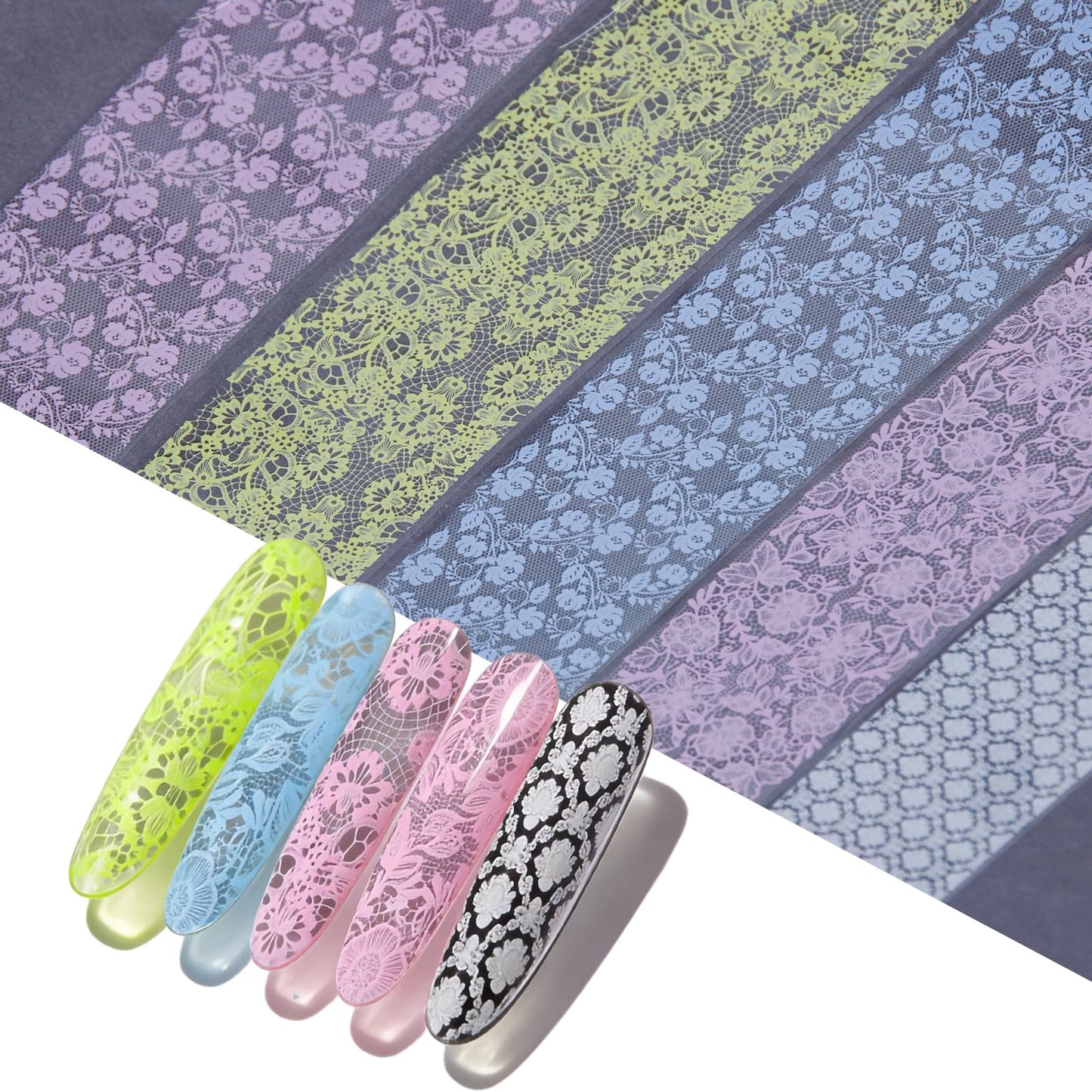 JERCLITY 10 Rolls Purple Blue Yellow White Lace Flower Nail Foil Transfer Stickers Nail Art Wraps