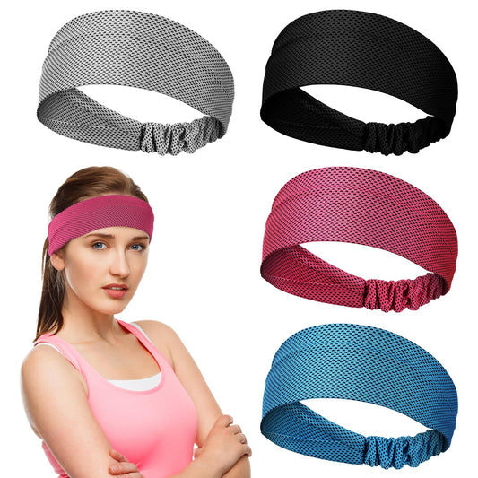 Coume 4 Pcs Sweat Headbands for Women Men Cooling Headbands Sweat Absorbing Athletic Wrap Moisture Wicking Sports Hair Bands for Workout, Jogging, Yoga, Cycling(Sky Blue, Black, Gray, Rose Red)