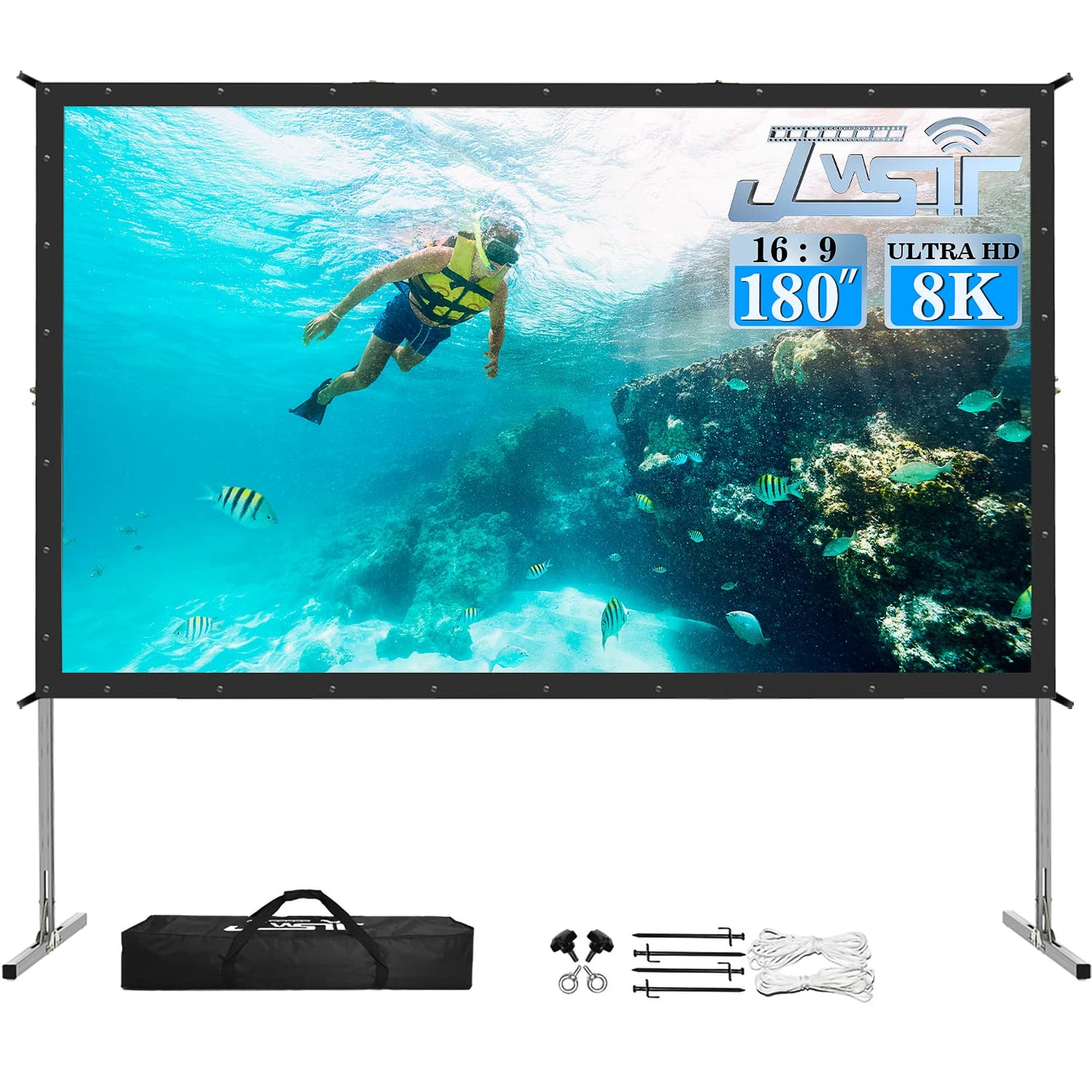JWSIT 180 inch Projector Screen with Stand,Upgraded 3 Layers PVC 16:9 Large Outdoor Projector Screen,Portable Outdoor Movie Screen with Carrying Bag for Large Commercial Performance