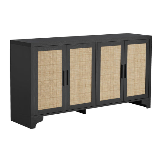 Farmhouse Large Sideboard Buffet with Natural Rattan Doors, 4-Door Storage Cabinet for Kitchen, Living Room, or Entryway, Spacious Storage Solution, Rustic Accent Cabinet for Home Organization