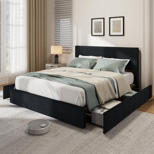 IDEALHOUSE Full Size Bed Frame with Tufted Wingback Headboard, Platform Corduroy Upholstered Bed Frame with 4 Storage Drawers and Wooden Slats Support, No Box Spring Needed, Black