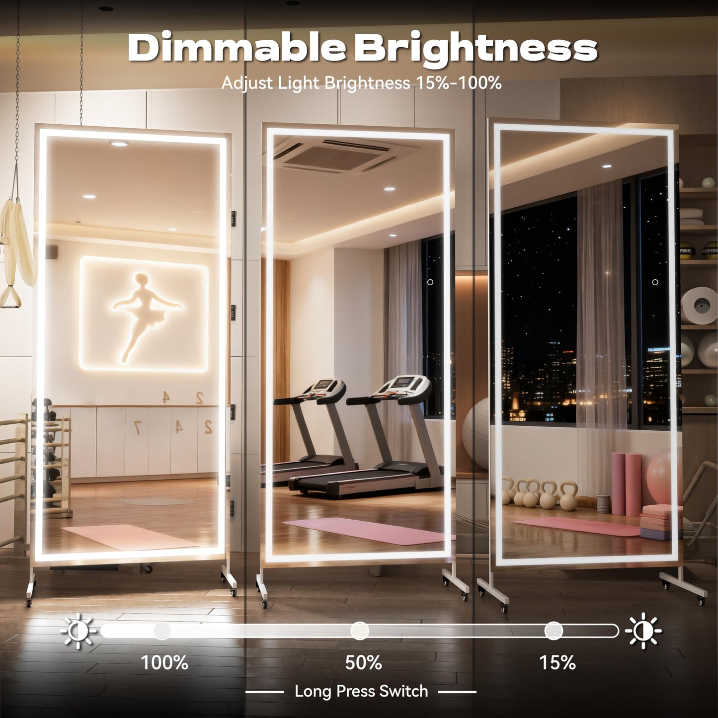Hasipu Home Gym Mirror with Light 360° Swivel on Wheels, 71" x 36" Extra Large Full Length Rolling LED Mirror for Yoga Studio, Bedroom, Dancing Studio, White