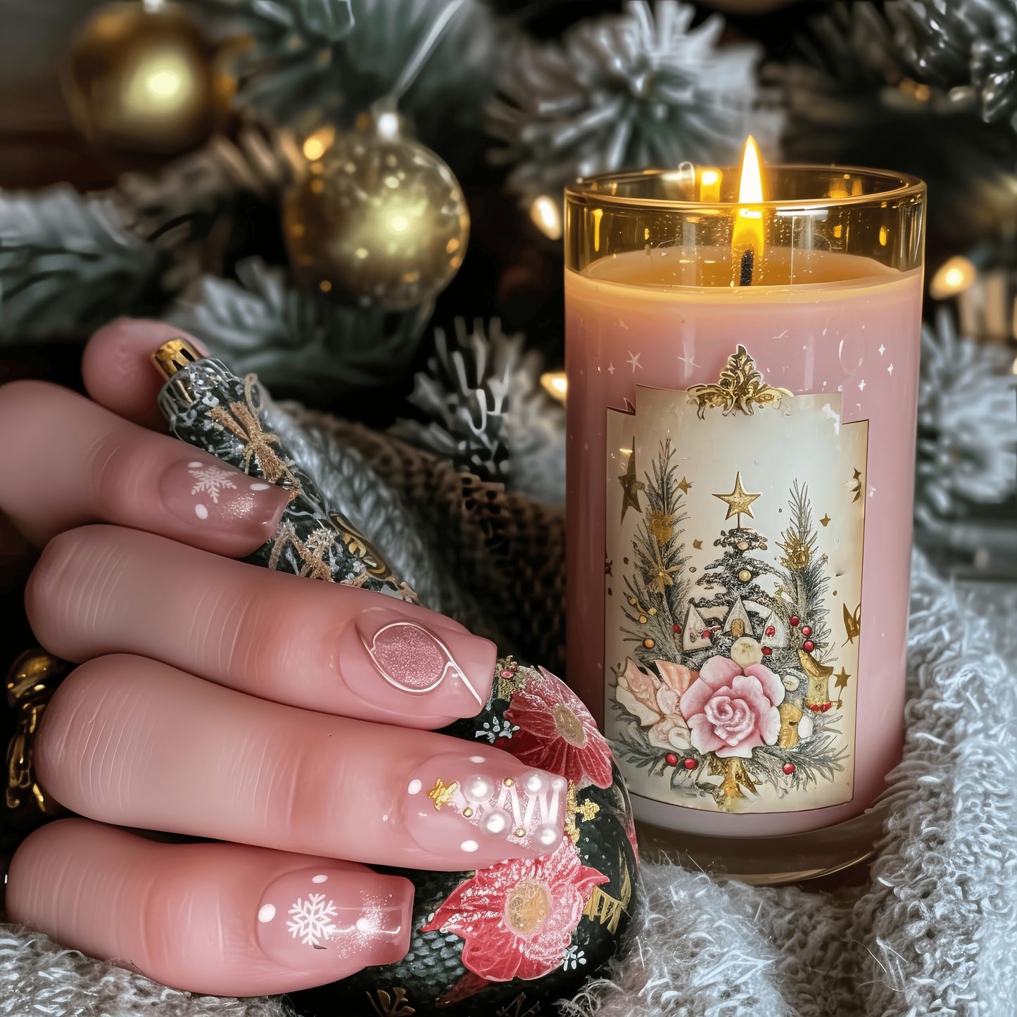 Fine Point Handmade Holiday Snowflake Pearl Press On Nails – 10 Piece Nude Pink Ombre Short Squavol False Nails with 3D Pearls, Christmas Tree & Gold Accents, Acrylic Nails, Festive (Size Medium)
