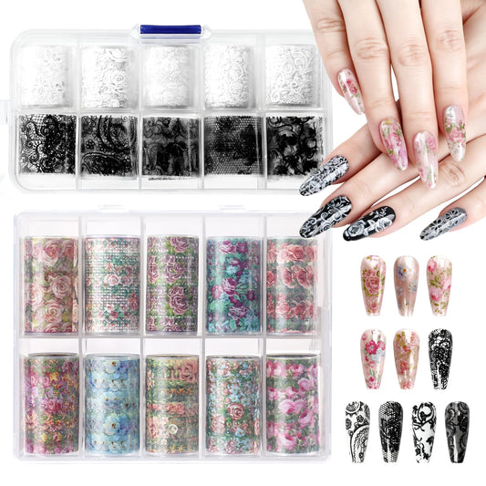 heemeei Nail Foil Transfer Sheets, 20 Rolls Nail Foils Transfer Nail Art(Black White Floral Lace Nail Foil & Spring Flowers Nails Foils Transfer Decals), Transfer Foil for Nails Manicure Decorations