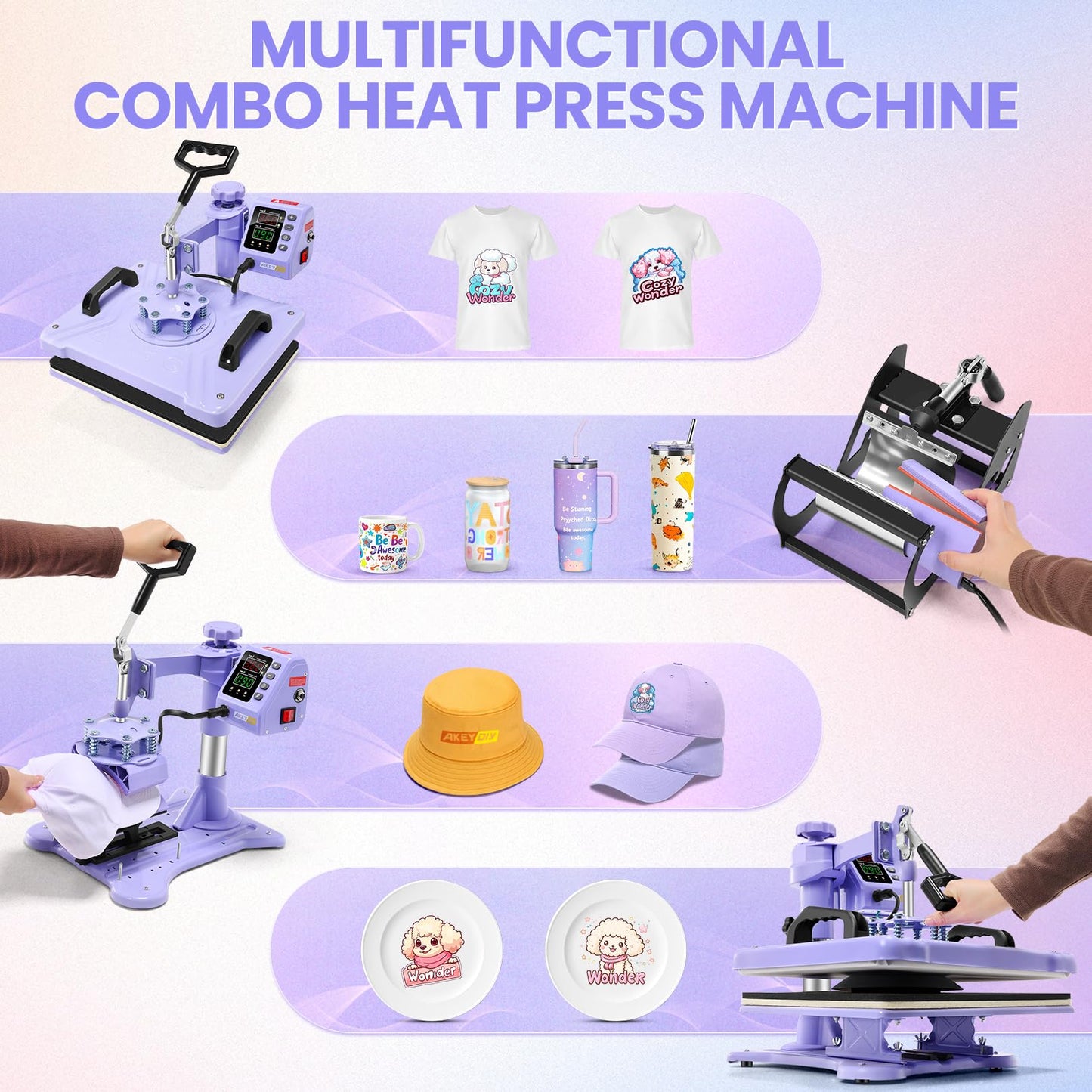 AKEYDIY Upgraded 5 in 1 Heat Press Machine for Tshirts 12X15 Inch, 360° Swing Away Shirt Press Machine for Sublimation, Multifunctional Heat Transfer Machine Combo for Shirts (Purple-5 in 1)