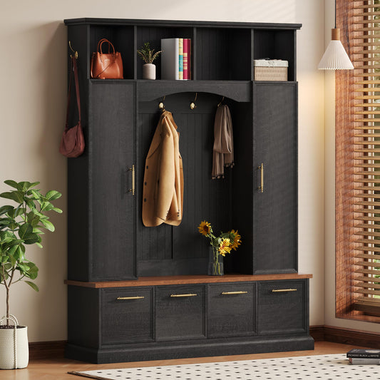 Merax 59" Farmhouse Hall Tree with Golden Hooks & Walnut Bench, Entryway Organizer with Adjustable Shelves, Shoe Storage, Anti-Tip for Mudroom, Living Room, Black