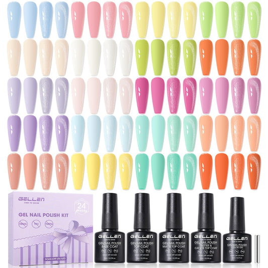 GELLEN Spring Gel Nail Polish Set 24pcs, 20 Colors Pastel Bright Gel Polish Kit with Base Coat, Glitter & Cat Eye Top Coat, Magnet, Nail Art DIY Home Salon