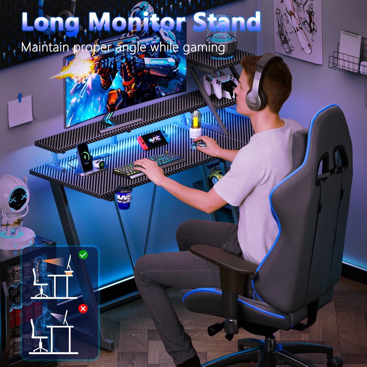 Korfile 39 Inch Gaming Desk with LED Lights & Power Outlet, Small Gaming Computer Desk with Storage Shelves, L Shaped Gamer Workstations with Monitor Stand for Bedroom, Carbon Fiber Black