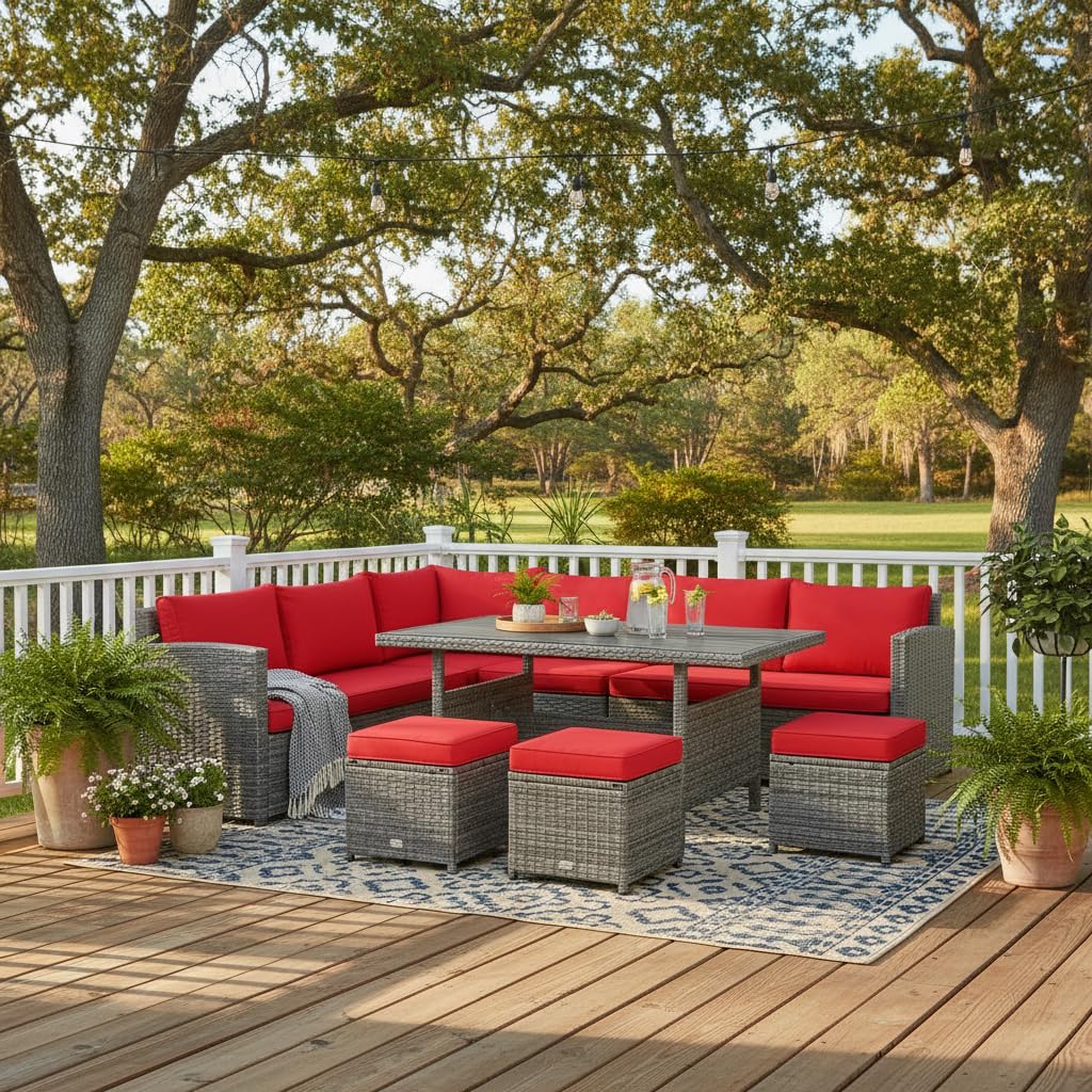 Tangkula 7 Pieces Patio Furniture Set, Outdoor Sectional Rattan Sofa Set with Cushions, All Weather Wicker Conversation Couch Set w/Dining Table & Ottomans for Backyard Garden Poolside