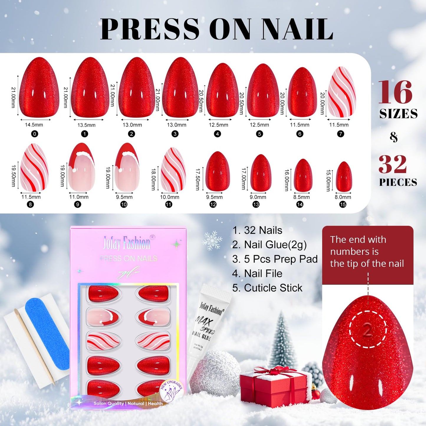 Christmas Press On Nails Almond - Jofay Fashion Red Cat Eye Press On Nails, Swirl Santa Hat Fake Nails with Glue for Women, Glossy Reusable Soft Gel Glue On Nails in 16 Sizes - 32 Stick On Nails Kit