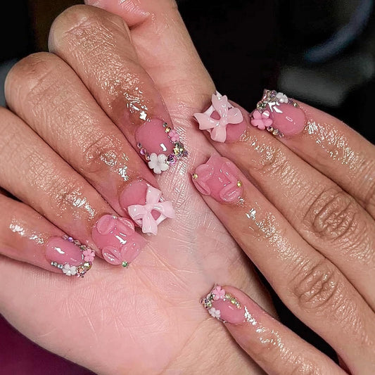 Handmade Press on Nails Short Square Cute French Tip Fake Nails 3D False Nails with Designs Flower Bow Charms Pink & White Glossy Glue on Nails Stick on Nails Acrylic Nails for Women Girls 24 Pcs