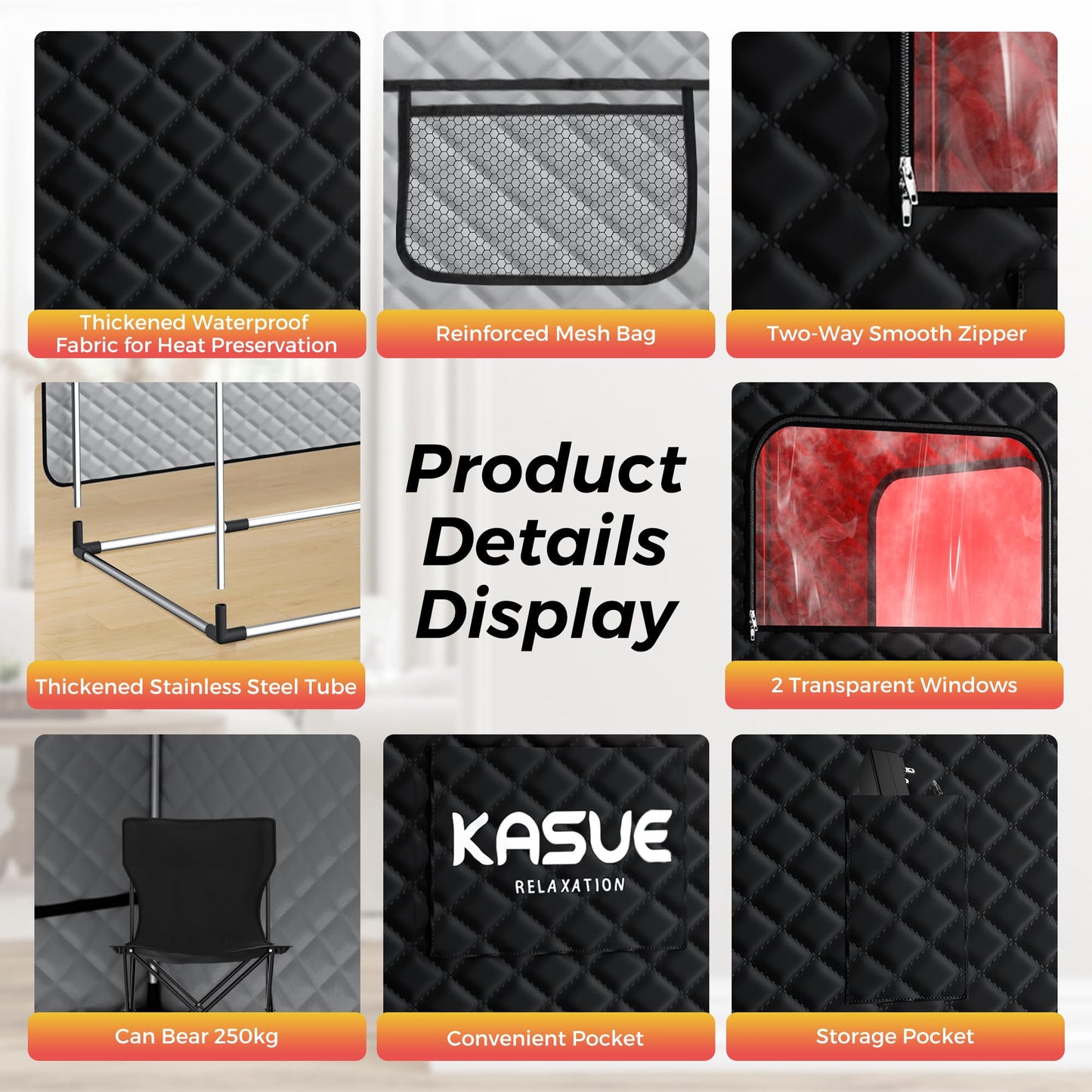 KASUE Upgraded 2 Person Sauna, Portable Infrared Sauna with 5-Layer Waterproof, 2 Steamers, 2 Folding Chair, 71”x 36”x 49” for Indoor, Outdoor, Gym, Spa, Carbon Black