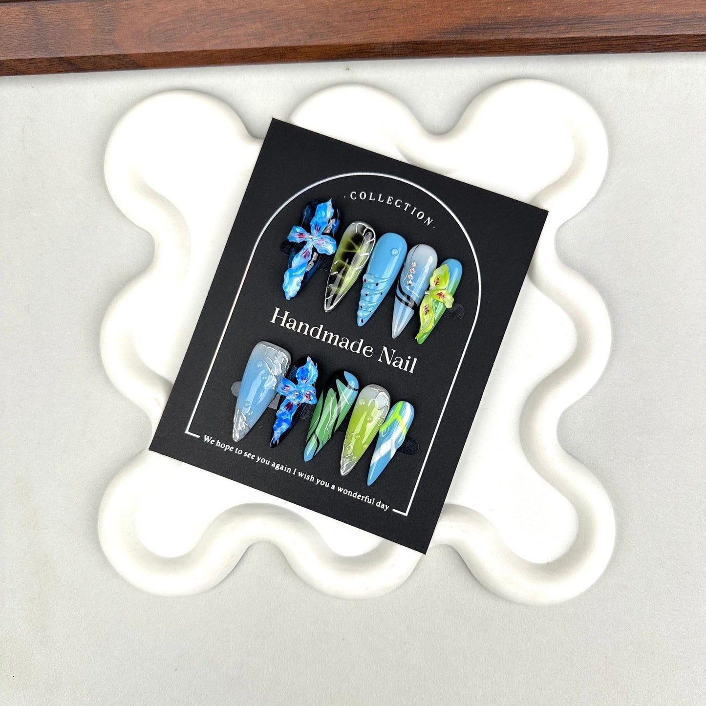 Waterdrop Press On Nails Handmade Long Stiletto Fake Nails with Blue Flower Design Ombre Green Silver False Nails Press ons Reusable Full Cover Summer Handmade Nails for Women Size M