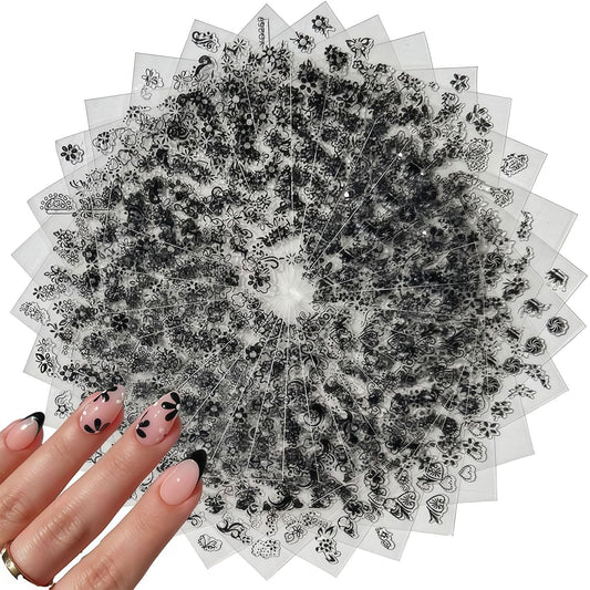 30 Sheets Black Flower Art Nail Stickers for Women Girls, 3D Rhinestones Self-Adhesive Decals Supplies, Floral Butterfly Heart Designs Accessories Decorations