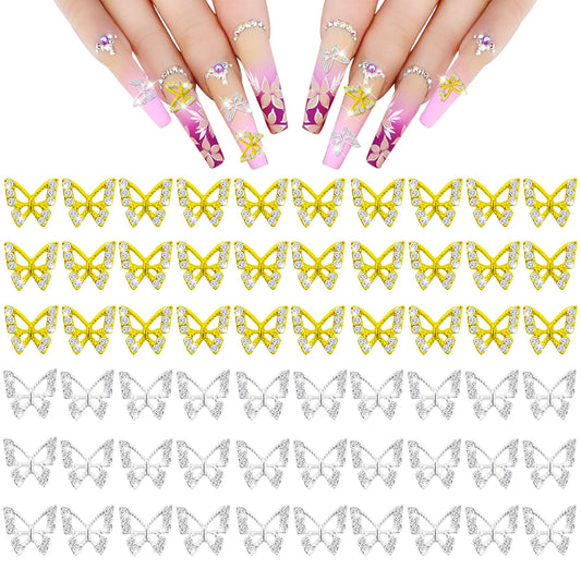 Dexspoeny 60Pcs Butterflies Nail Charms for Shiny Gold Silver Crystals Nails, Art 3D Metallic Fairy Nail Gems Butterflies Decoration Supplies for Women Girls Nails DIY Manicure Jewelry