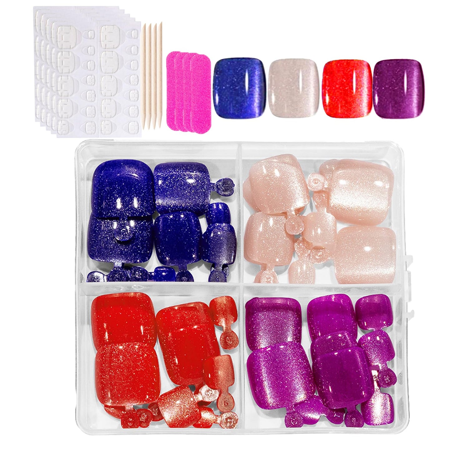 Cat Eye Press on Toenails for Women Press on Toe Nails Short Square Fake Toe Nails Blue White Red Purple Fake Toenails Glitter Reusable Full Cover Artificial Acrylic Toe Nails Manicure 96Pcs