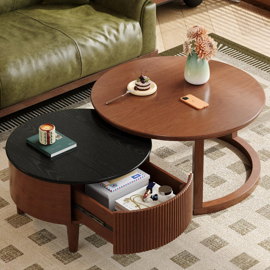 Merax 31.5'' Vintage Round Nesting Wood Coffee Table Set, 2-Tier with Drawer & Storage, Two-Tone Finish Fluted Design for Living Room Apartment, Walnut+Black