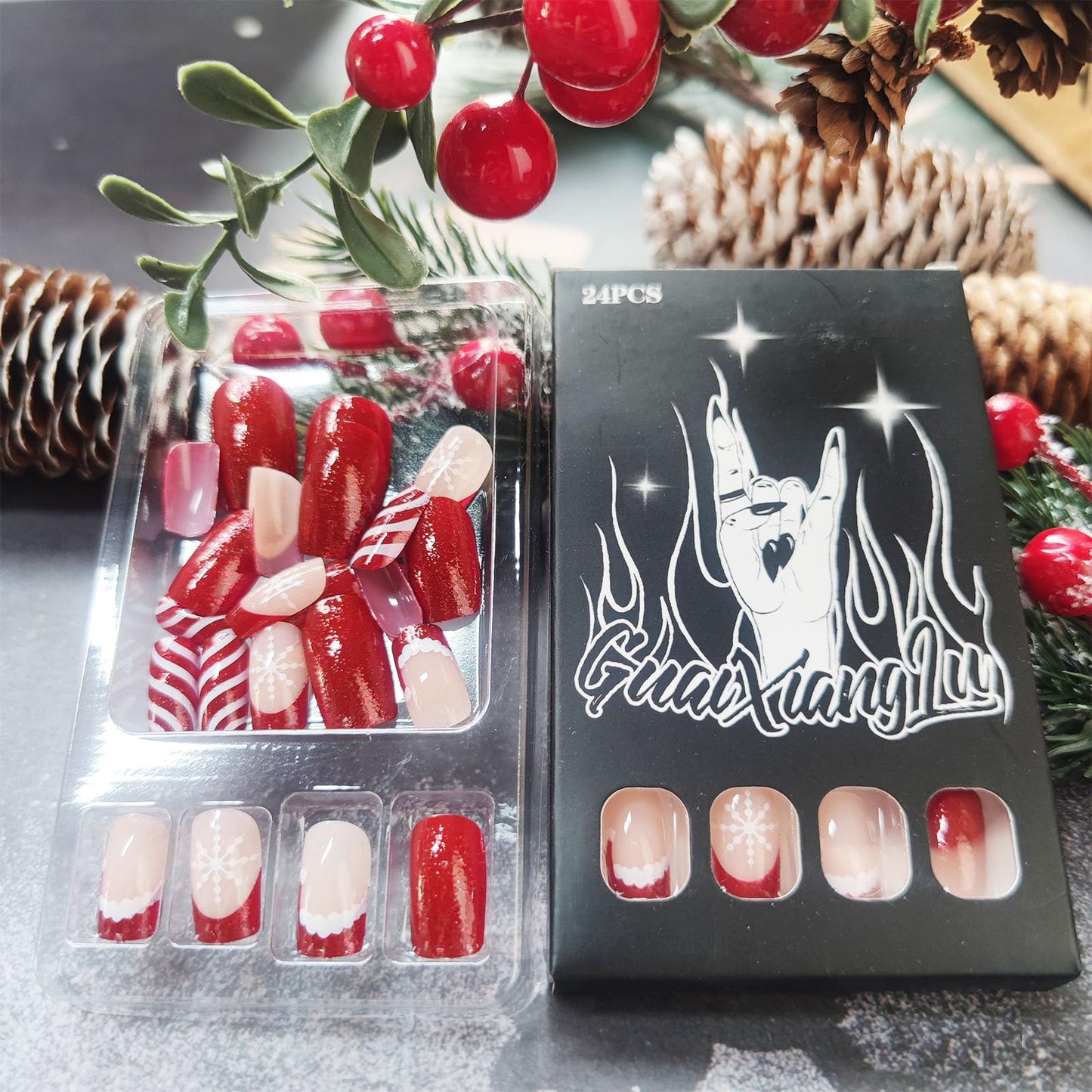 Christmas Medium Square False Nails Snowflake Gel Glue on Nail 24Pcs Christmas Hat Press on Nails French Tips Stick on Fingernails Glossy Red Curve Line Acrylic Fake Nail for Women Xmas Gift