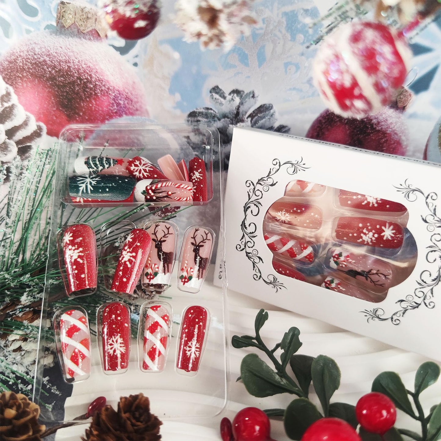24Pcs Brown Elk Press on Nails Christmas Tree Gel Glue on Nail Christmas Medium Square False Nails Snowflake Stick on Fingernails Glossy Red Stars Acrylic Fake Nail for Women Xmas Gift
