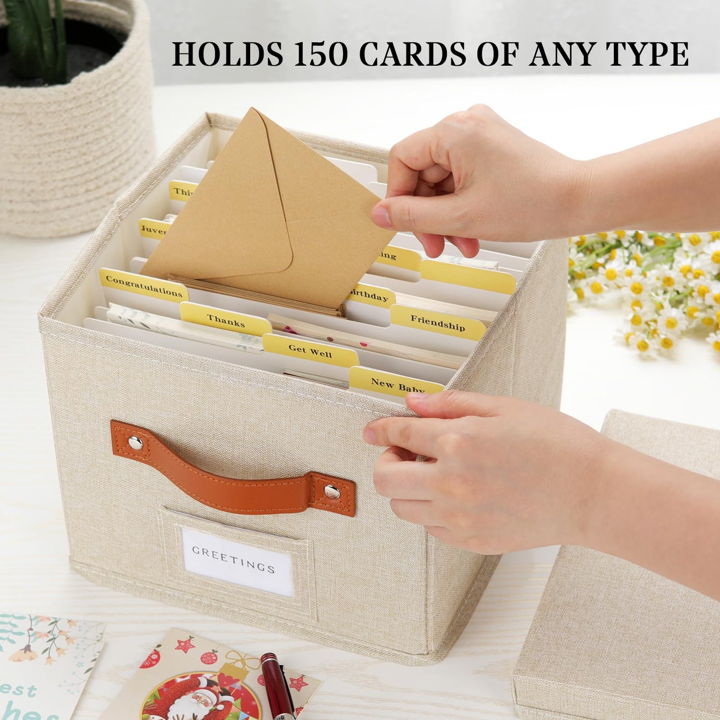 TARSUKA Greeting Card Organizer with dividers - Storage Box with lid Holds 150+ Cards - Assortment Box for Greeting Cards,Recipes, Photos, Envelopes, Keepsake - 9 x 9 x 7 Inches (Beige, 2 pcs)