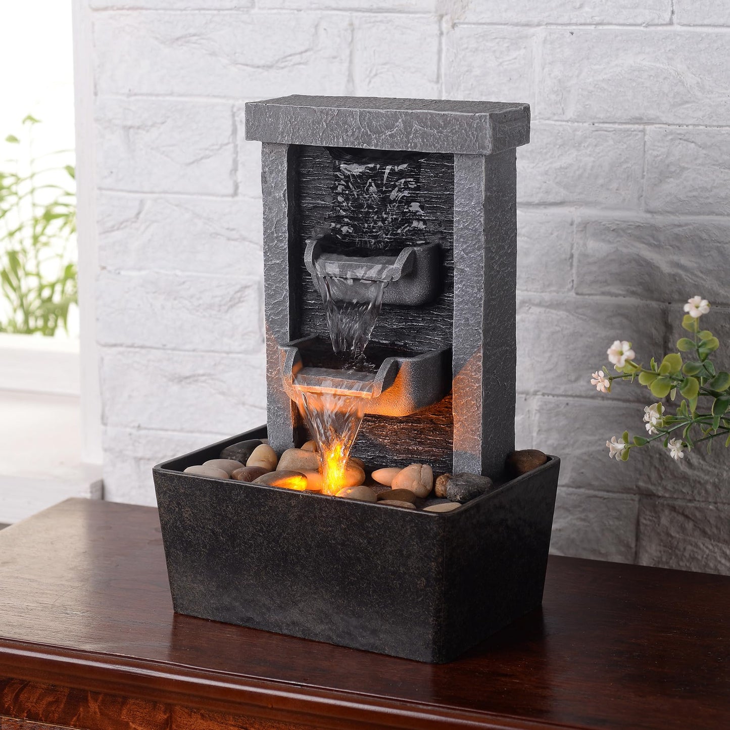GOSSI Home Décor 10.3 in Indoor Waterfall Fountain Relaxation High Pressure Water Pumps Tabletop Fountain Nature Feeling Water Fountains with Reflective Lighting/River Rocks Home/Office Decoration