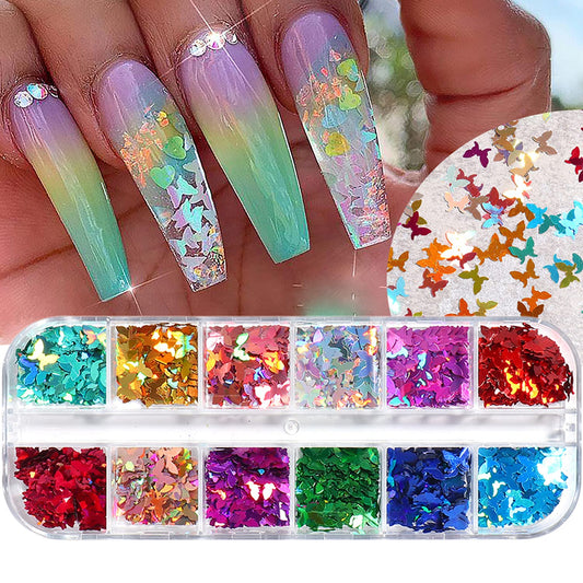 Laser Glitter Butterfly Nail Art Sequins, 3D Butterflies Sparkly Flakes Decoration-12 Colors Holographic Butterfly Shiny Design Supplies for Fingernail and Toenail Nail Accessories DIY Face Makeup
