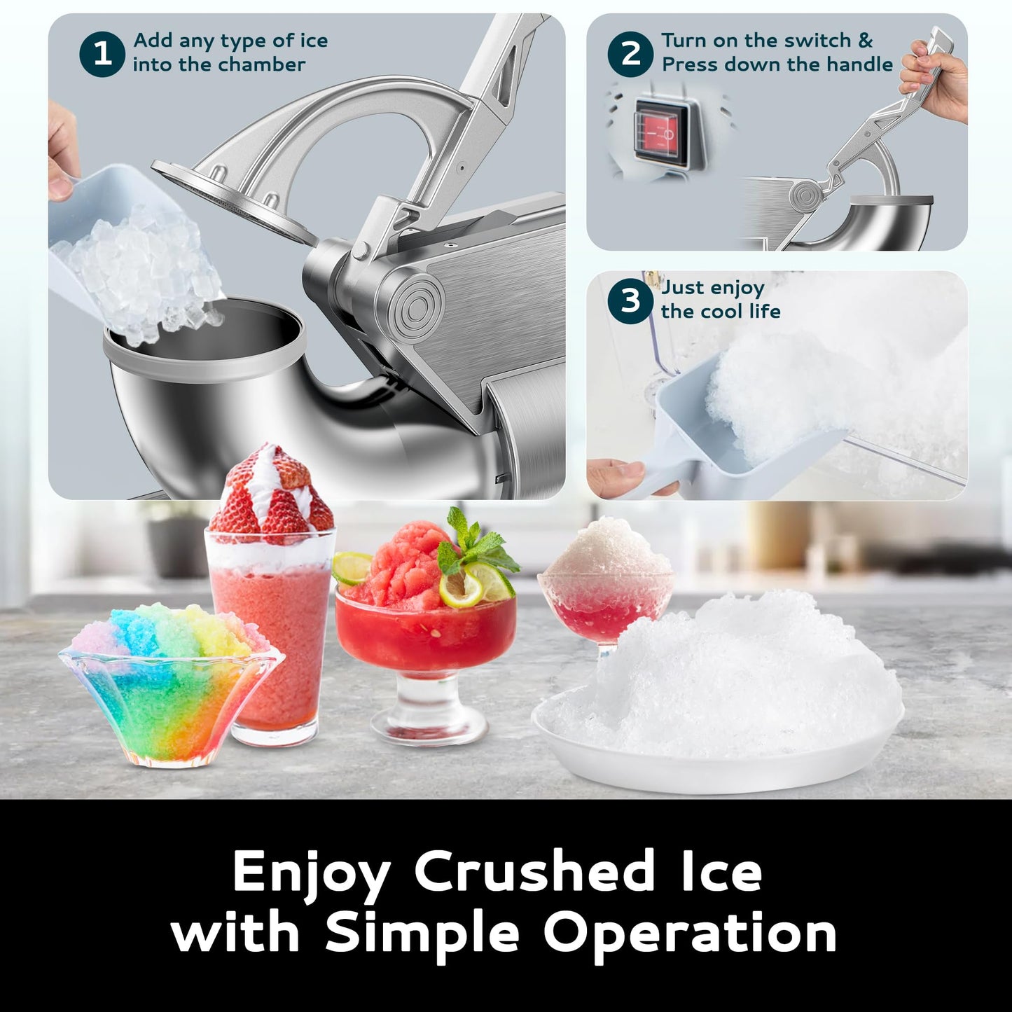 EUHOMY Snow Cone Machine, 661 Lbs/H Commercial Shaved Ice Machine with 34L Large Capacity, 300W Electric Ice Shaver with Dual Blades, ETL Certified Snow Cone Maker for Home & Commercial Use (Silver)