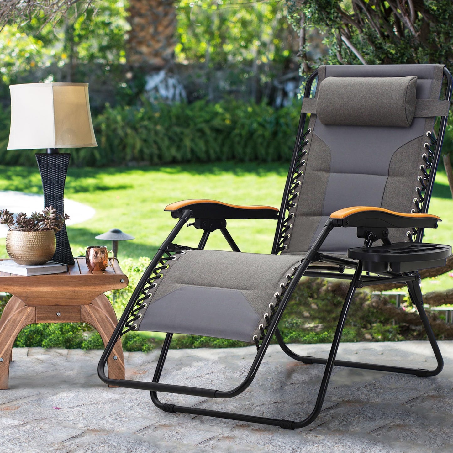 MAISON ARTS Oversized XXL Padded Zero Gravity Chair, 30" Wide Seat Foldable Patio Recliner, Anti Gravity Outdoor Lawn Chair with Cup Holder & Pillow, Supports 400lbs, Grey